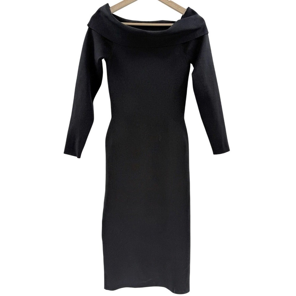 NWT ARITZIA Babaton Sculpt Knit Off Shoulder Black Long Slv Bodycon Midi Dress L